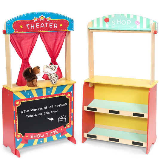 Wooden Puppet Theater Bonus 2 Hand Puppet, Rundad Double-Sided Lemonade Stand & Puppet Show Theater for Kids, Wood Deluxe Children Puppet Theatre Toy with Chalkboard