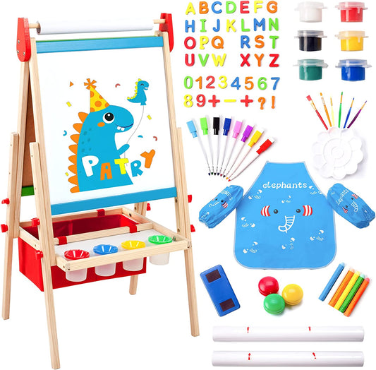 Rundad Kids Easel Including 100+ Accessories, Double Sided Wooden Easel for Kids - Magnetic Chalkboard & Painting Board & 2 Paper Rolls, Art Easel for Toddlers 2-8 Height Adjustable