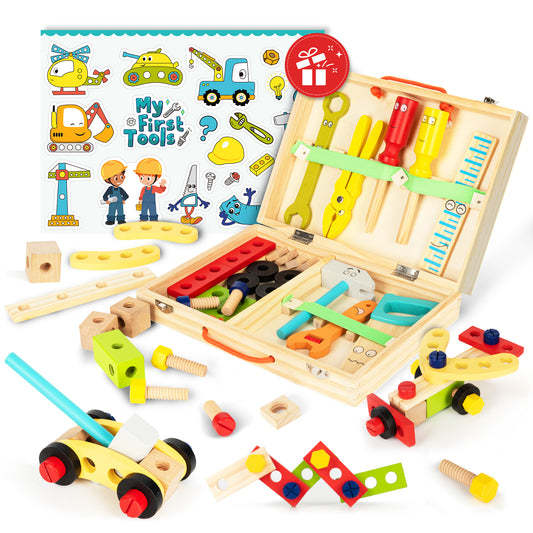 Rundad Wooden Kids Tool Set – 36 PCS Tool Kit Box with Stickers of My First Tools, Montessori Toys for 2 3 4 Year Old Boy, Tool Construction Set for Toddler Ages 3-5