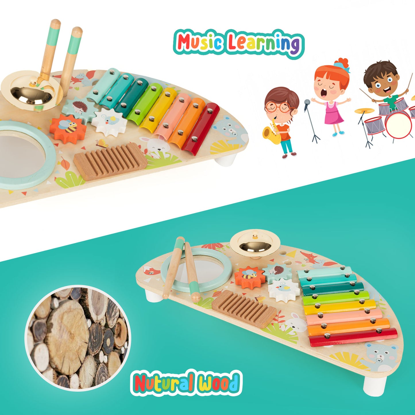 Baby Toys Musical Instruments, All-in-one Musical Toys for Toddlers 1-3 (Includes Xylophone Drum Cymbal Guiro Gears), Wooden Montessori Toys for 1 Year Old Boy & Girl by Rundad