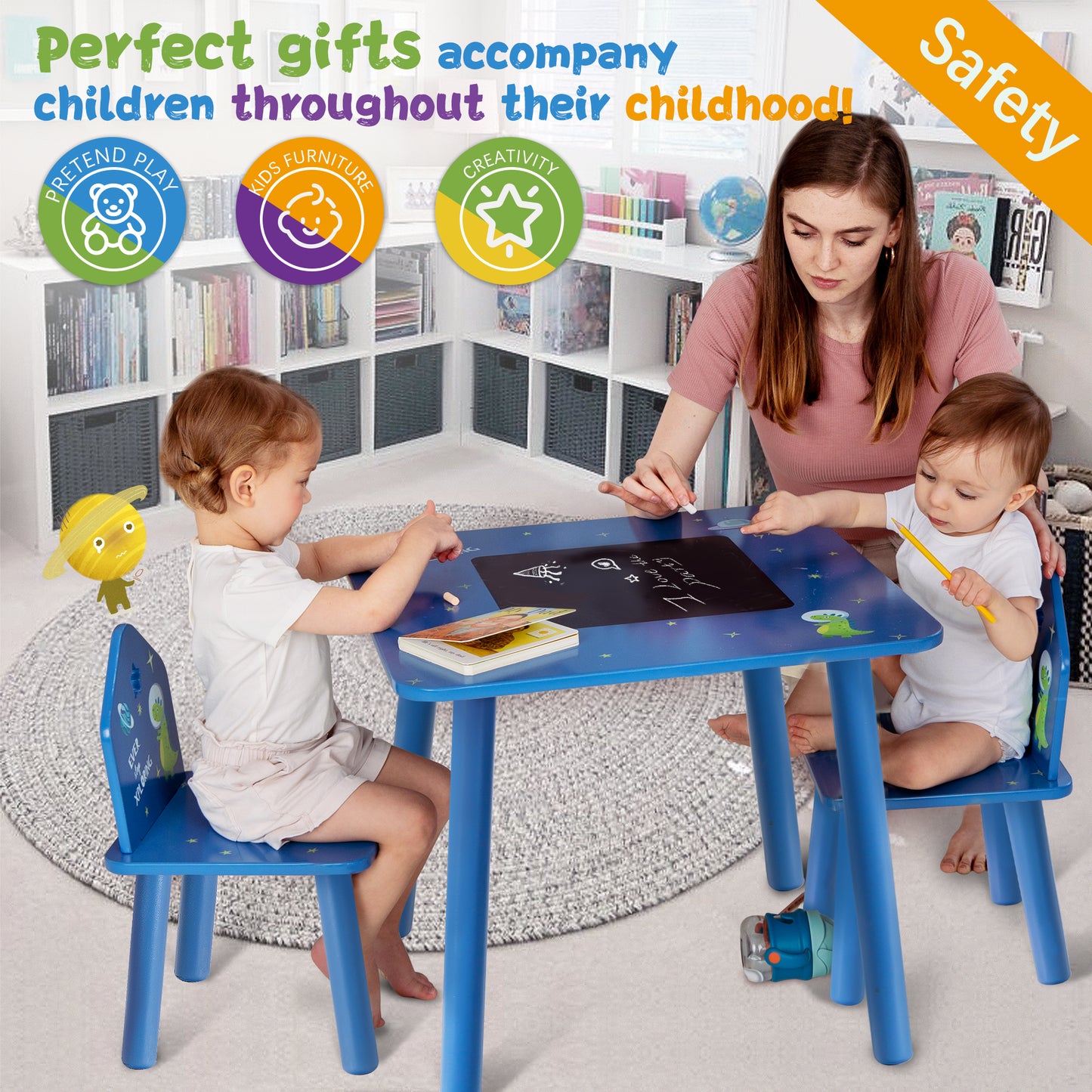 Rundad Kids Table and Chair Set with Chalkboard, Space Alien Theme Desk and Chairs for Toddler Boys 2-4 Year Old, Wooden Children Furniture Suit for Home & Classroom Drawing Reading