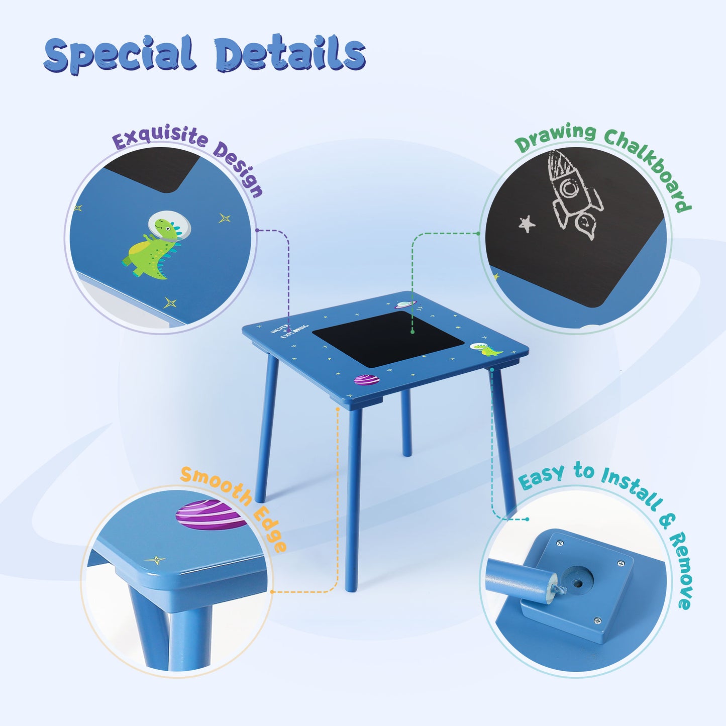 Rundad Kids Table and Chair Set with Chalkboard, Space Alien Theme Desk and Chairs for Toddler Boys 2-4 Year Old, Wooden Children Furniture Suit for Home & Classroom Drawing Reading