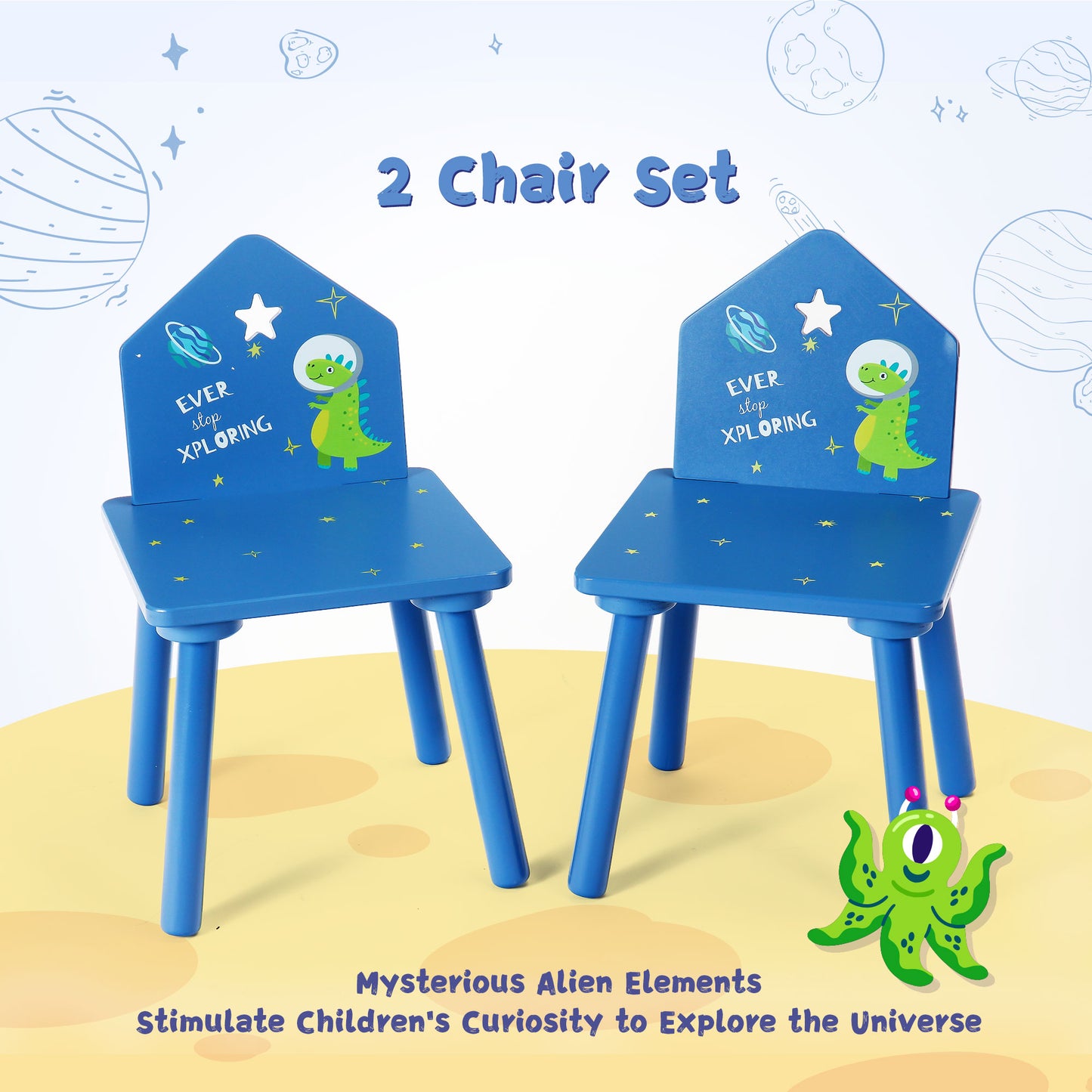 Rundad Kids Table and Chair Set with Chalkboard, Space Alien Theme Desk and Chairs for Toddler Boys 2-4 Year Old, Wooden Children Furniture Suit for Home & Classroom Drawing Reading