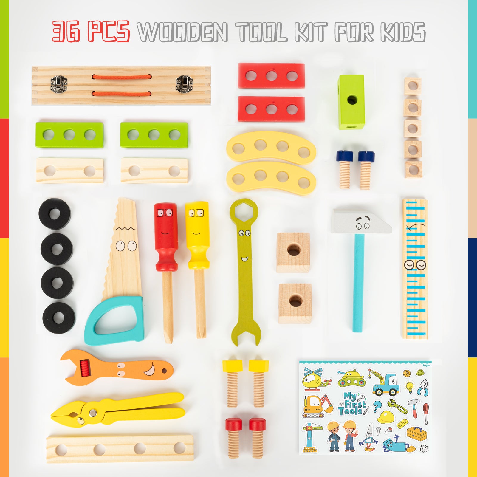 Rundad Wooden Kids Tool Set – 36 PCS Tool Kit Box with Stickers of My