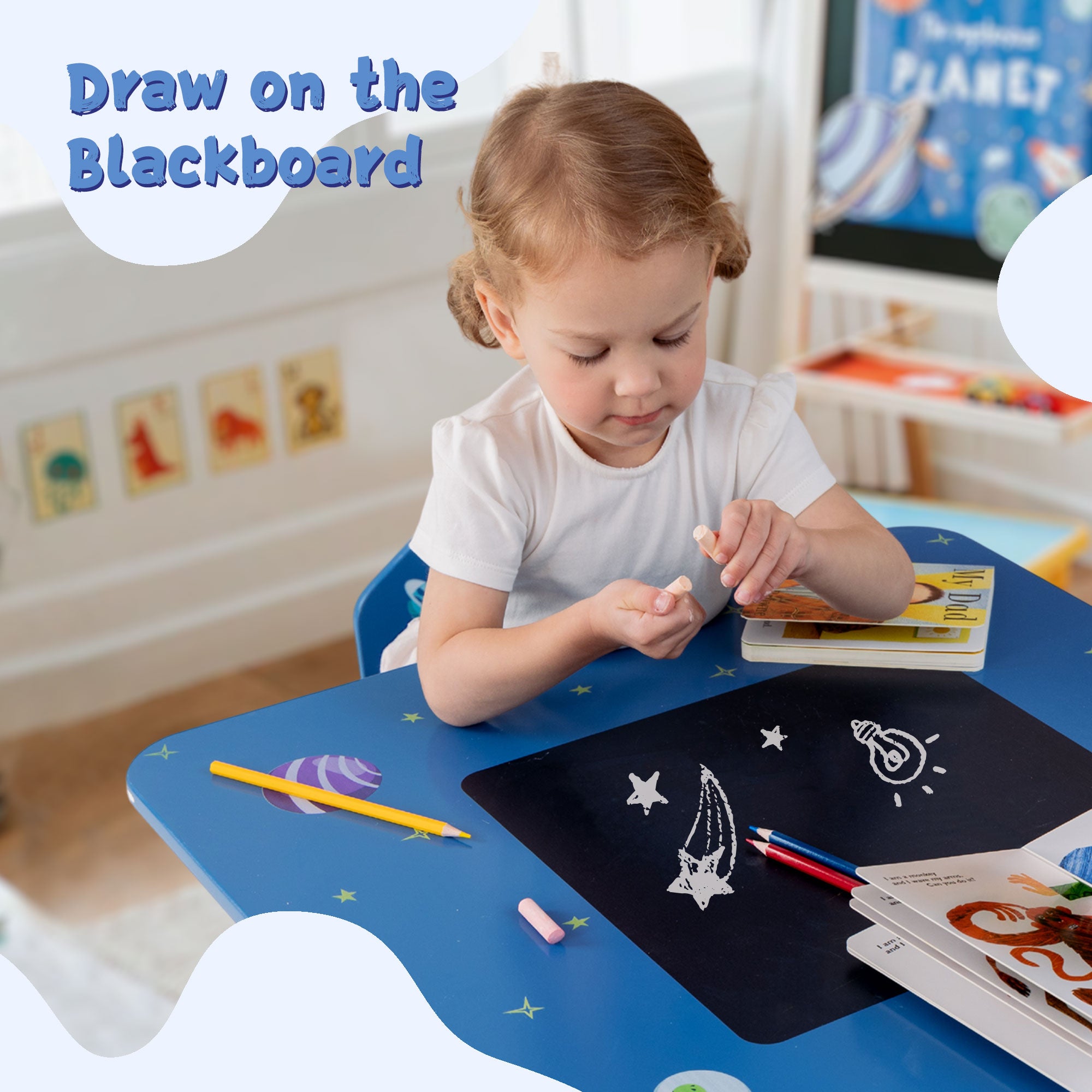 Children's chalkboard store table and chairs