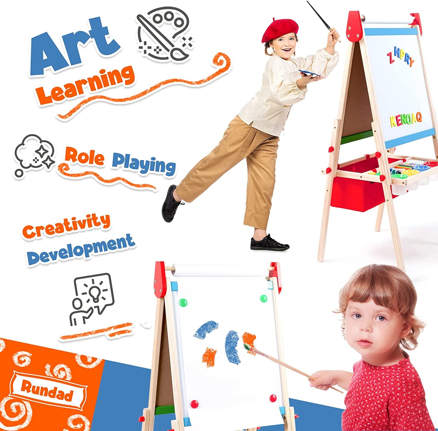 Easel for Kids Double-Sided Kids Easel with Paper Roll Wooden Art